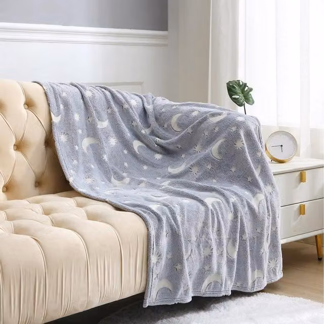 HomeSpace Direct Grey Moon Glow in the Dark Fleece Childrens Throw Blanket