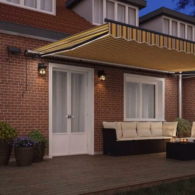 Berkfield Home Manual Retractable Striped Awning with Multicolour LED Lighting, W/D/H: 500 x 300 cm – 1