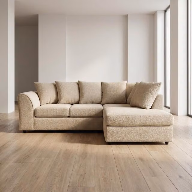 Abakus Direct Harriet Boucle Fabric Right Facing Corner Sofa with Chaise and Scatter Cushions in Sand – 1