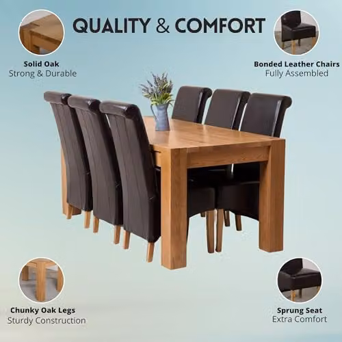 Thats Furniture Kuba Solid Oak Dining Table and 6 Montana Brown Leather Chairs Set, W: 180 cm, D: 90 cm – 2