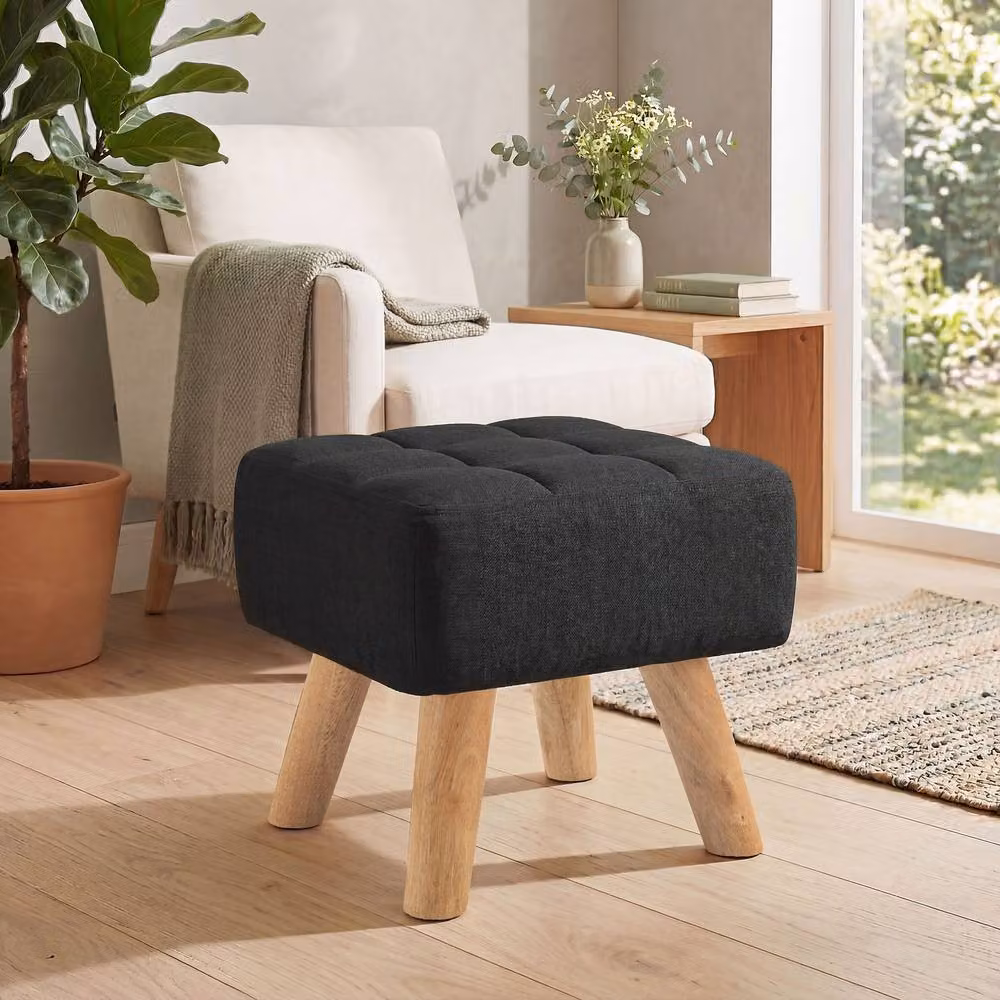 STILVORA Modern Black Fabric Footstool with Wooden Legs – 8