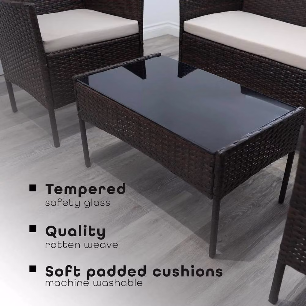 SPETLEK 4-Piece Brown Polyrattan Garden Furniture Set with Upholstered Cushions – 4