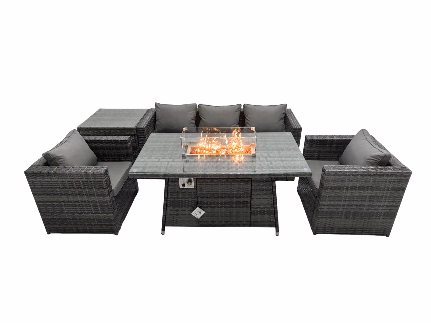Fimous Outdoor PE Rattan Garden Furniture Set with Gas Fire Pit Dining Table, Armchairs and Side Coffee Table in Dark Grey – 2