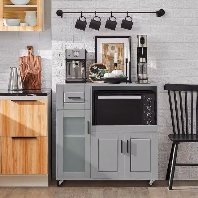 SoBuy Modern Grey Functional Sideboard Microwave Cabinet with Glass and Castors