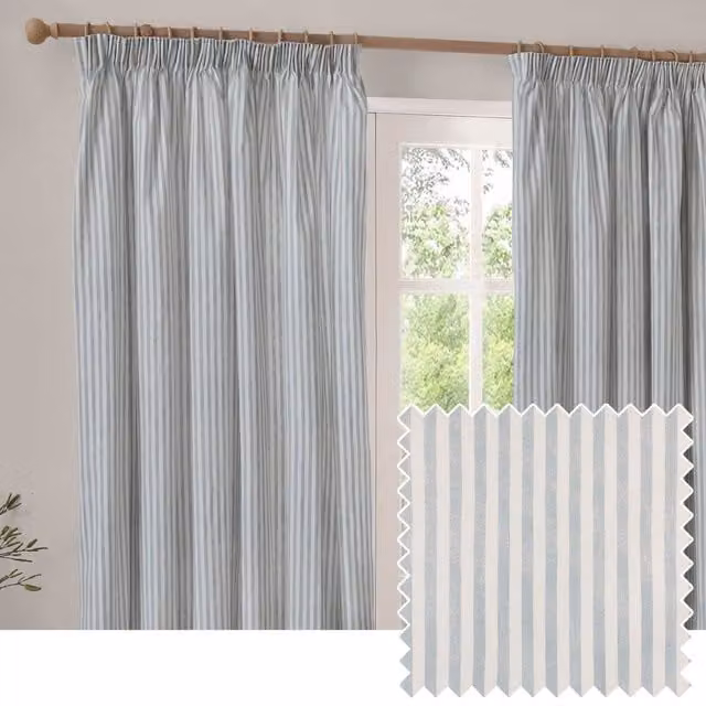 Yard Hebden Cotton Blackout Pencil Pleat Curtains in Mineral Blue