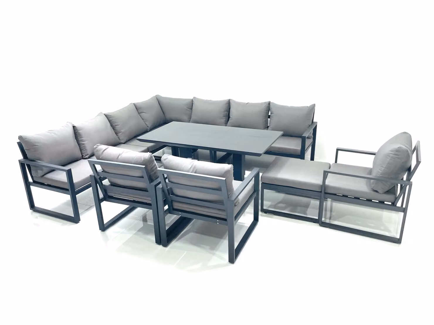 Fimous 11 Seater Outdoor Aluminium Garden Furniture Set in Dark Grey with Corner Sofa, Big Footstool, 3 Chairs and Adjustable Lifting Dining Table – 2