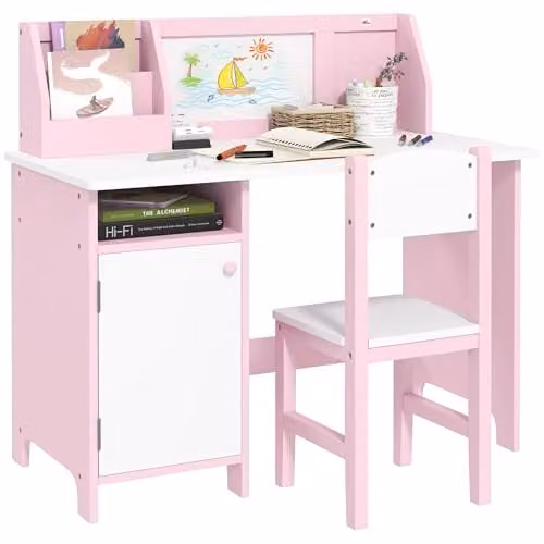 HOMCOM Kids Table and Chair Set with Whiteboard in Pink and White – 1