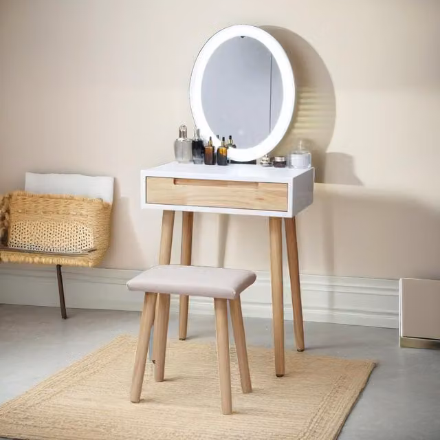 FURNOS White Hollywood LED Vanity Dressing Table with Mirror and Cushioned Stool