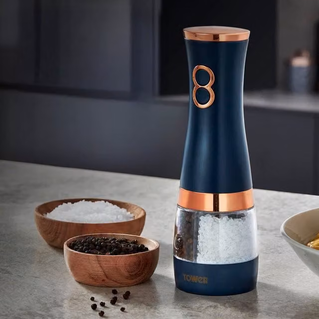 Tower Duo Battery Operated Salt and Pepper Mill Set in Blue, Black, Gold and Transparent with Glass and Plastic Construction