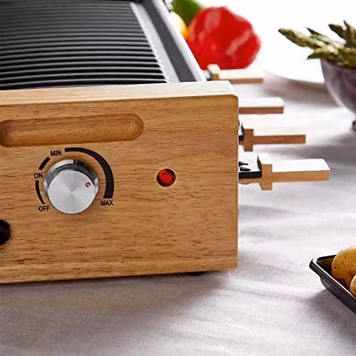 VonShef Electric Raclette Grill in Black with 1200W Power, 8 Person Capacity, 2 Removable Non-Stick Plates, Natural Stone and Ribbed Plates, and Adjustable Thermostat – 7