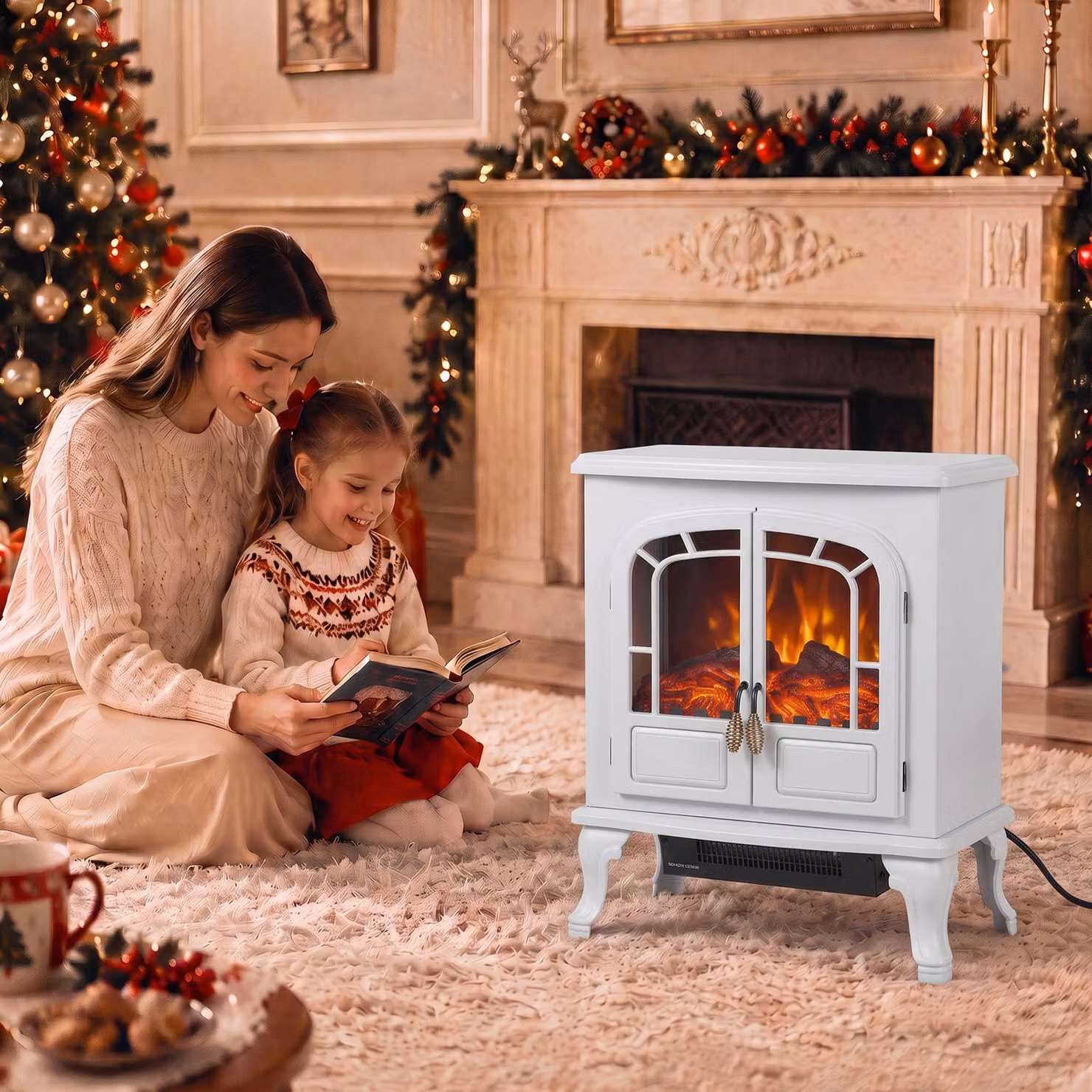 HOMCOM Freestanding Electric Fireplace Stove Heater with LED Flame Effect in White – 6