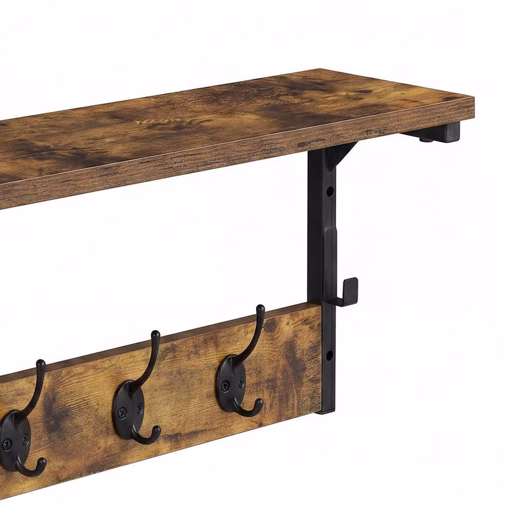 Levede Wall Mounted Wooden Coat Rack with 7 Hooks and Shelf, Brown and Black, W: 70 cm, D: 25 cm, H: 7 cm – 4