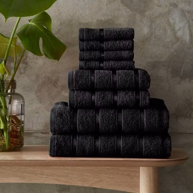 Smart Living 8 Piece Super Soft 100% Cotton Striped Bathroom Towel Bale Set in Black – 1