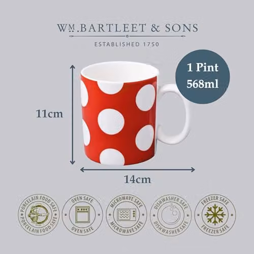 WM Bartleet & Sons 1750 Set of 4 Red and White Dotted Porcelain Mugs, 568 ml – 6