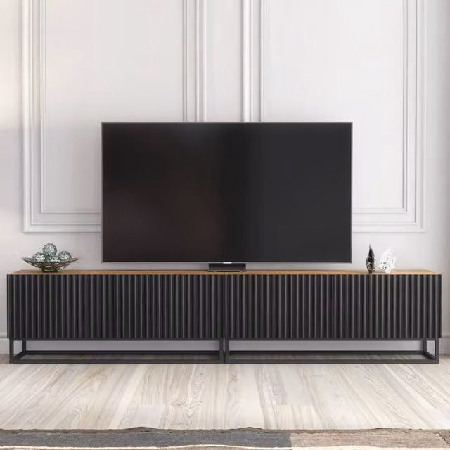 Creative Furniture Ripple Duo TV Unit in Oak and Black with Fluted Doors, W: 200 cm, D: 45 cm, H: 35 cm – 1