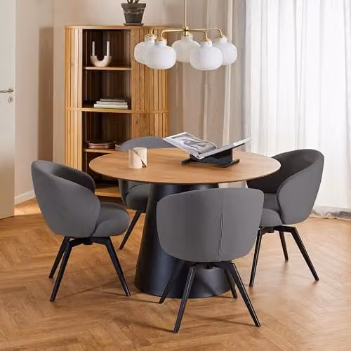 Furniture To Go Soli Round Dining Table in Oak and Black with 4 Darlene Grey Swivel Dining Chairs with Armrests, W: 120 cm, D: 75 cm, H: 79 cm
