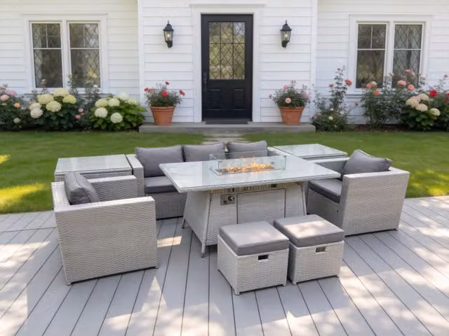 Fimous Rattan Garden Furniture Set with Gas Fire Pit, 3-Seater Sofa, Ottoman and 2 Side Tables in Light Grey – 1
