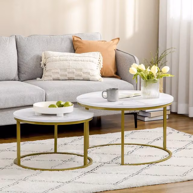 HOMCOM Set of 2 Round White Marble Effect Nest of Tables for your Living Room or Bedroom