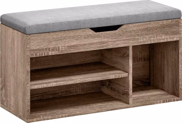 HOMCOM Grey Wood Grain Shoe Cabinet Bench with Padded Seat and Hidden Storage Organiser