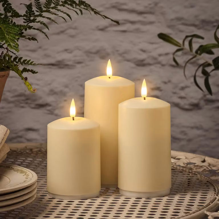 TruGlow® Rechargeable Outdoor Pillar Candle Trio in White with Remote Control, Flicker Effect and Timer