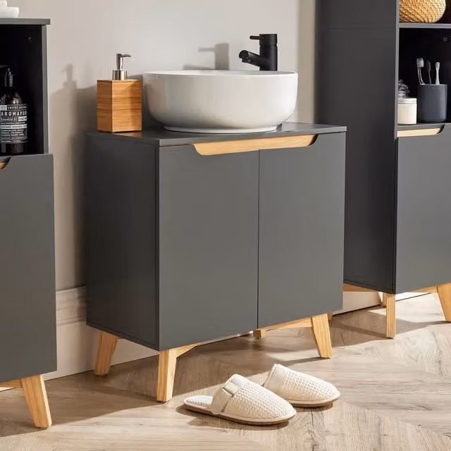 Home Source Dark Grey Under Sink Bathroom Storage Cupboard with Hinged Doors and Internal Shelves – 1