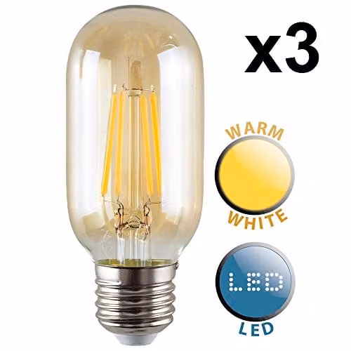 MiniSun Pack of 3 Retro Style Amber LED Filament E27 Radio Valve Tubular Bulbs, 4W Warm White 2700K
