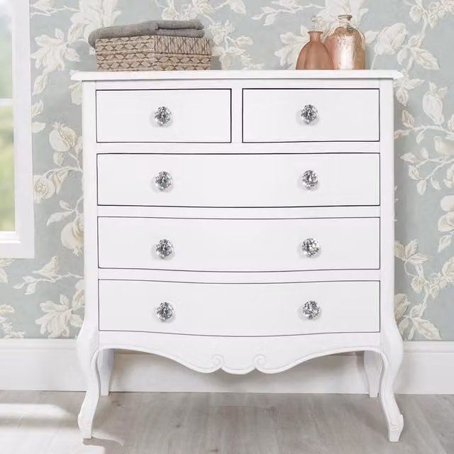Juliette 5 Drawer Chest in White with Diamond Shape Crystal Handles