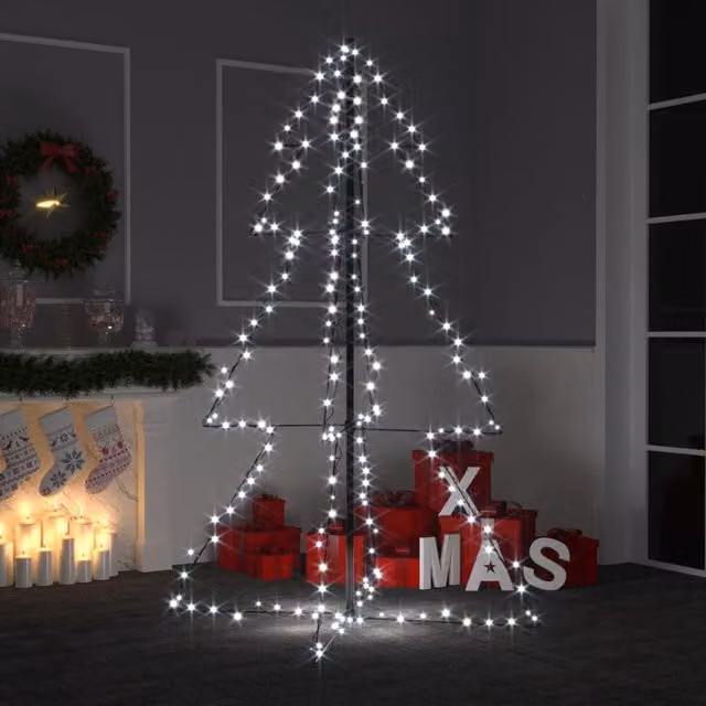 Berkfield Home Christmas Cone Tree with 200 LEDs for Indoor and Outdoor Use, White, W: 98 cm, H: 150 cm