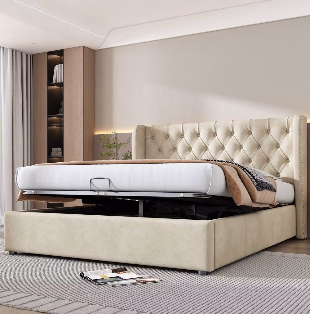 STILVORA Double Ottoman Bed with Storage, Beige Velvet, W: 140 cm, L: 200 cm, H: 135 cm – 2