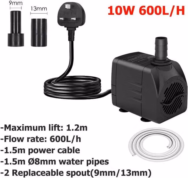 FLAVORA 10W Ultra Quiet Fountain Water Aquarium Pond Pump, Black
