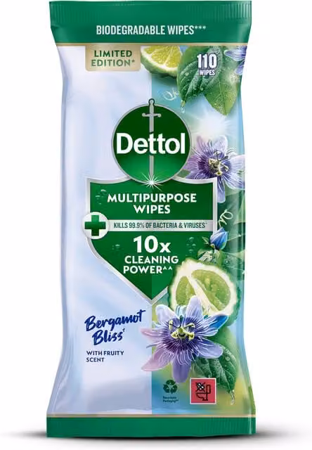 Dettol Bergamot Bliss Antibacterial Wipes, 110 Pack, Multicolour