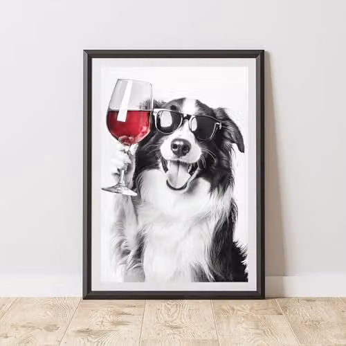 60 Second Makeover Funny Collie Drinking Wine Paper Poster, Black and White, A3