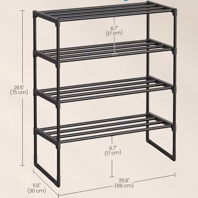SONGMICS 4-Tier Metal and Plastic Shoe Rack Organiser, Black, W/D/H: 75 x 30 x 30 cm