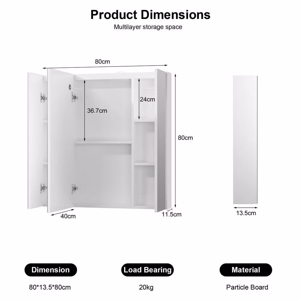 KEEPREAPER White 3-Door LED Mirrored Bathroom Cabinet with Shaver Socket and Anti-Fog Function, W/D/H: 80 x 80 x 80 cm – 2