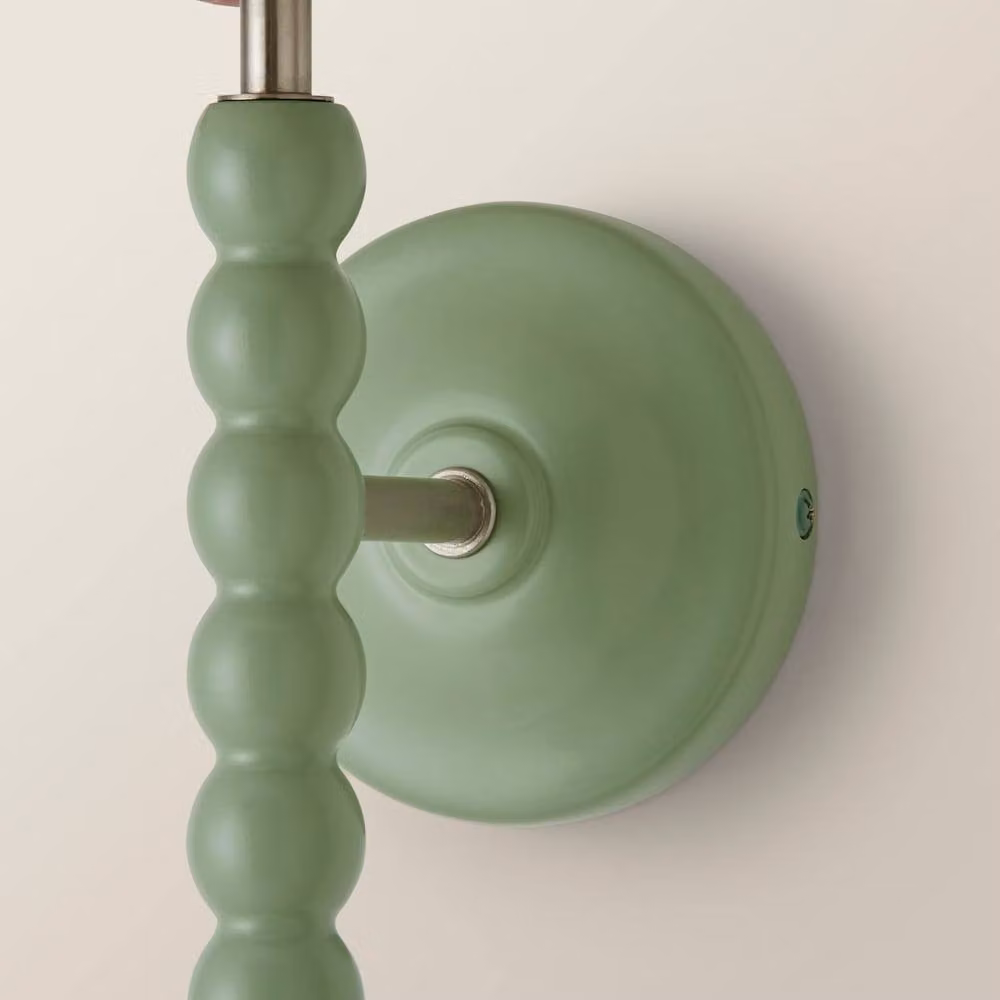 ValueLights Bobbins Pair of Green Wall Lights with Pink Fabric Scallop Shades – 3