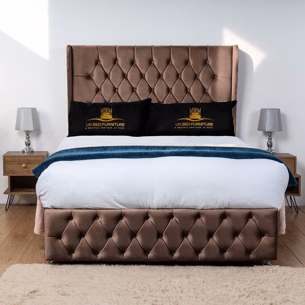 UK Bed Furniture Luxor Wingback Divan Bed with 54 Inch Headboard and 2 Foot End Drawers in Brown Velvet, Size: Super King, W/D/H: 200 x 200 x 137.16 cm – 2