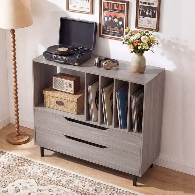 VOGREX Retro Mid-Century Vinyl Record Storage Cabinet in Grey with Solid Metal Legs