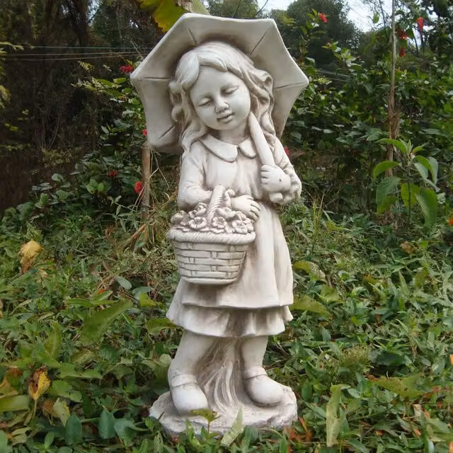 Ornate Collection Star Girl Umbrella Figurine Statue in Grey Stone