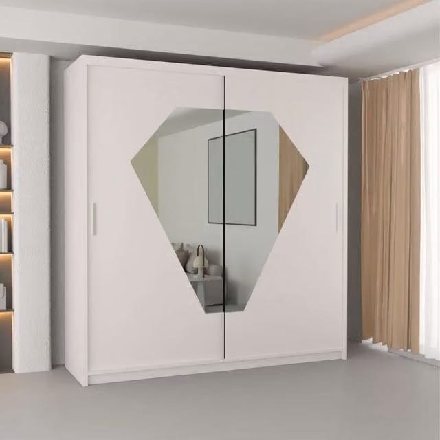 MN Furniture Modern White Wardrobe with Integrated LED Lighting and Mirror Design, W/H: 150 x 217 cm