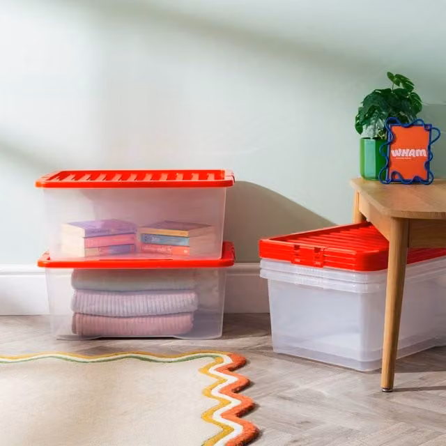Wham Crystal 45L Stackable Plastic Storage Boxes with Red Lids, Pack of 5, Transparent
