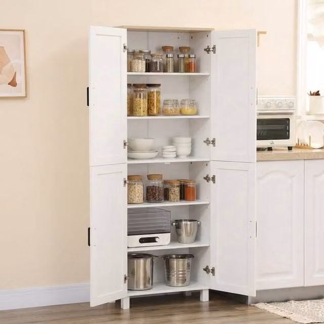 STILVORA Modern White Kitchen Storage Cabinet with 4 Hinged Doors and Internal Shelves