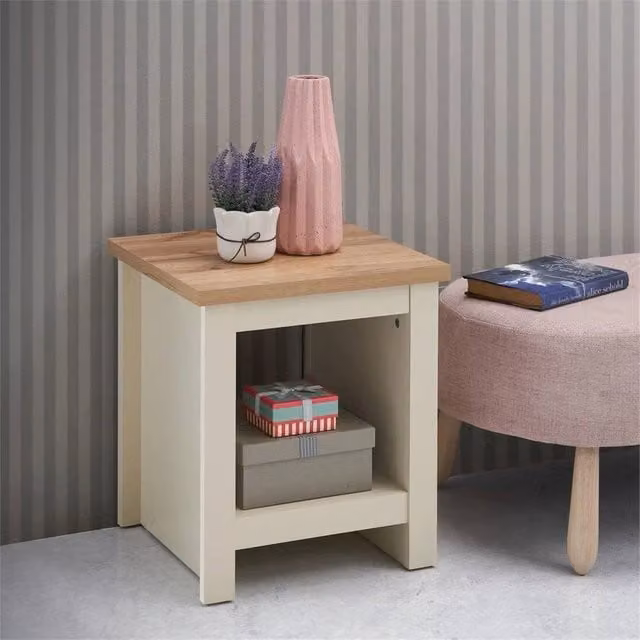 Nordara Oak Top Side Lamp Table in Cream and Beige with Shelf – 1