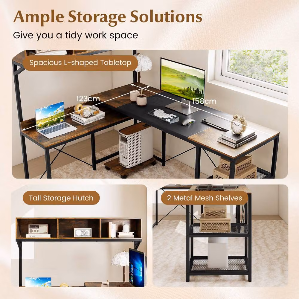 Costway L-Shaped Reversible Corner Computer Desk with Storage Hutch in Dark Brown – 2