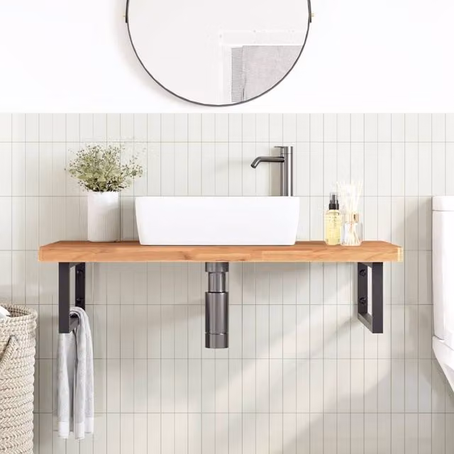 Berkfield Home Elegant Wall Mounted Basin Shelf in Brown Lacquered Beech and Black Metal
