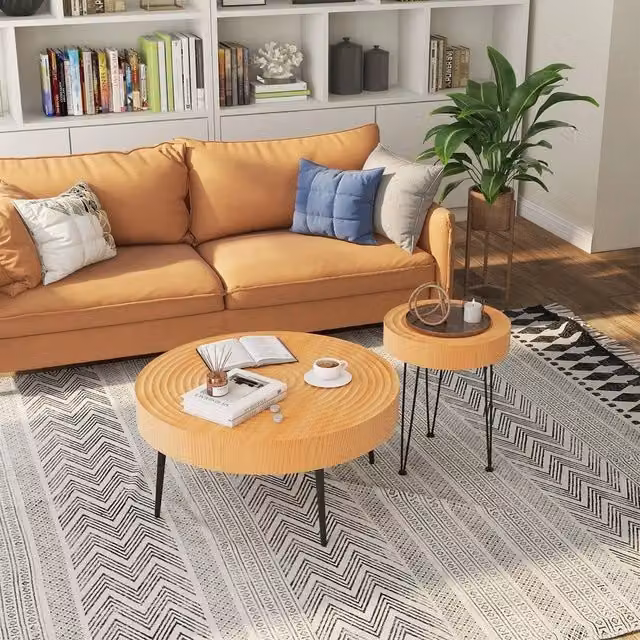 NESTLUNE Set of 2 Modern Round Nesting Coffee Tables in Brown Wood and Metal – 1