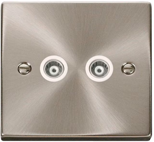SE HOME Satin Brushed Chrome Twin Isolated Coaxial Socket with White Plate