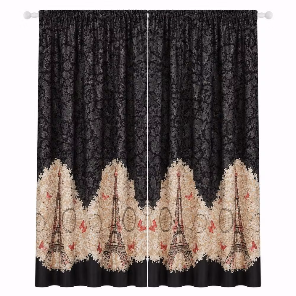 Smart Living Oooh La La Curtains Pair with Tie Backs in Black Eiffel Tower Print, Width: 167 cm, Drop: 183 cm – 3