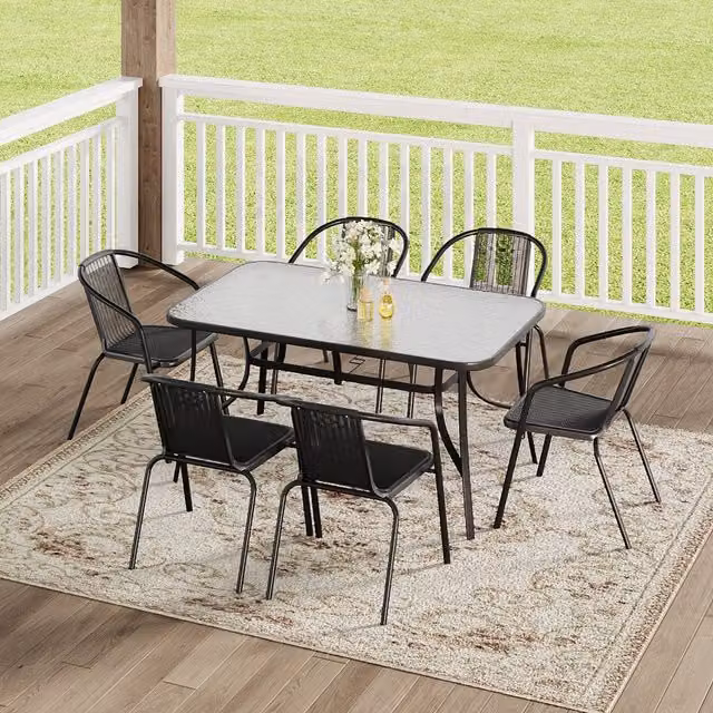 Komore 7-Piece Modern Patio Set with 150 cm Glass Table and 6 Black Rattan Chairs