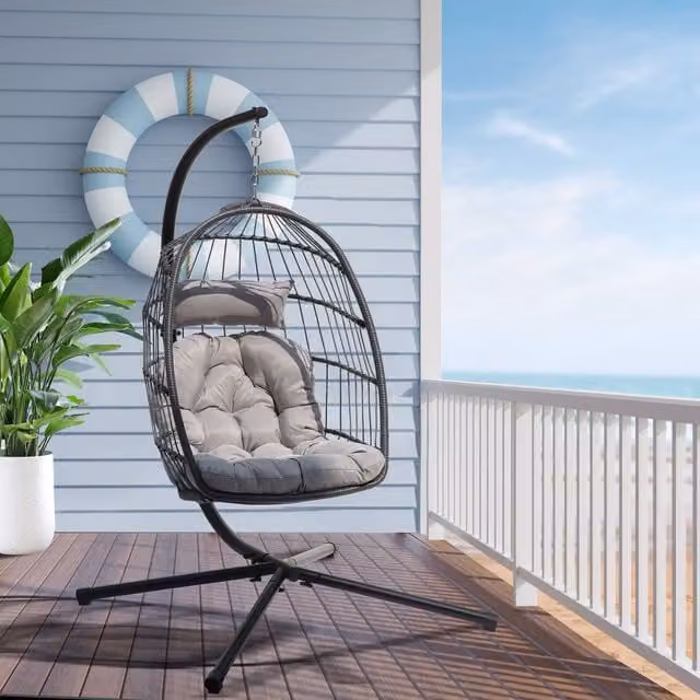 Leaper Foldable Hanging Egg Chair Swing Chair with Stand in Grey