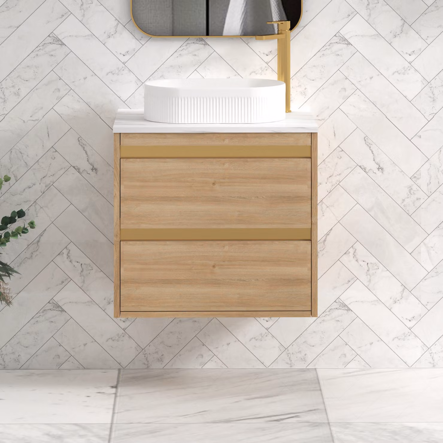 Royal Bathrooms Orion 2 Drawer Natural Oak Wall Hung Vanity Unit with Carrara White Top and Countertop Basin and Brushed Brass Accent Trim